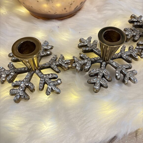 Holiday Gold Brass Metal 5 Taper Candelabra Centerpiece Snowflakes Rhinestone - Picture 3 of 9